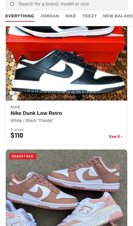 The same site on a phone, a single column of sneaker listings with large photographs.
