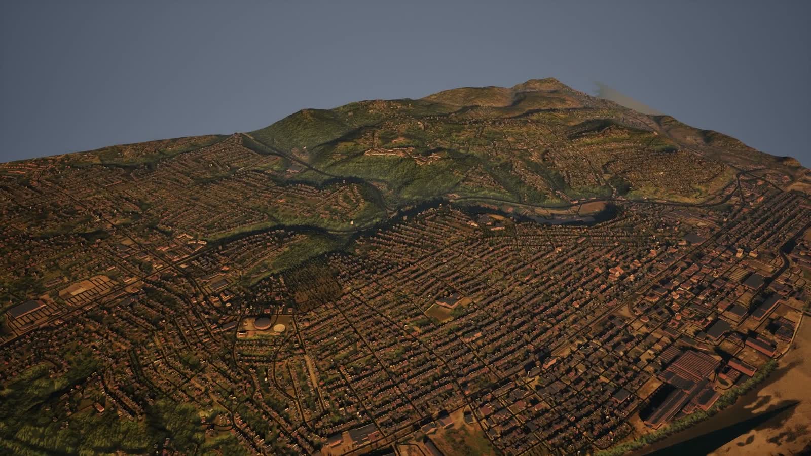An aerial view of the New Kensington valley rendered from real aerial 3D capture.