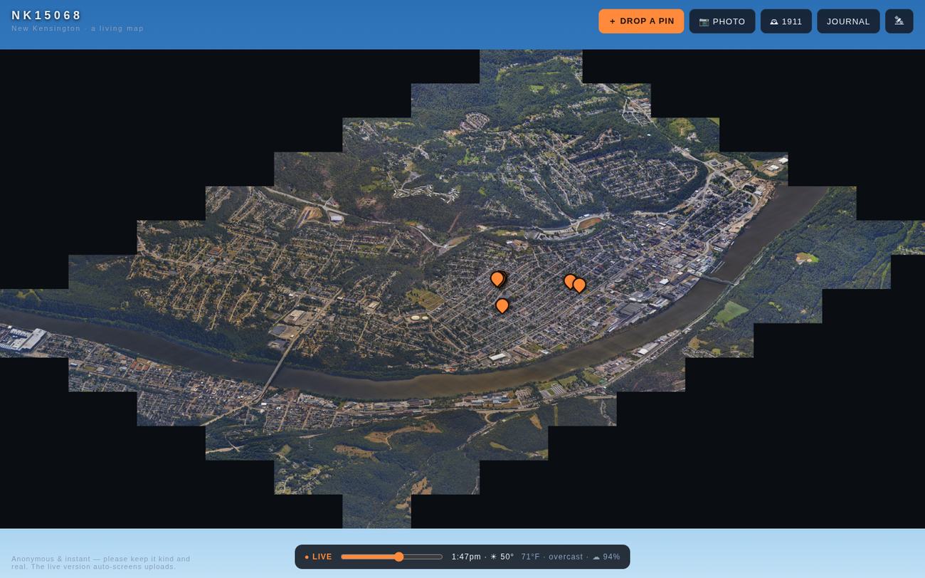 nk15068.com: an aerial 3D map of New Kensington with orange pins dropped across the valley, and a live time-of-day and weather bar along the bottom.